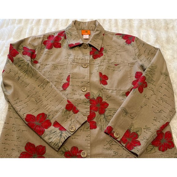Hearts of Palm Collared Jacket Beige Red Floral Print 100% Cotton Women's Size 8 - Picture 13 of 16